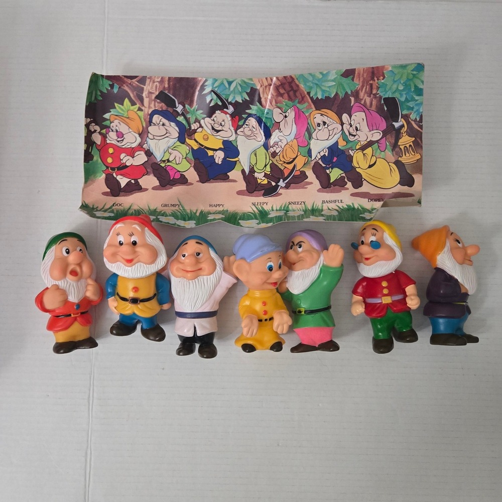 Vintage Disney Snow White Seven Dwarfs Vinyl Squeak Toy Set Complete with Bag